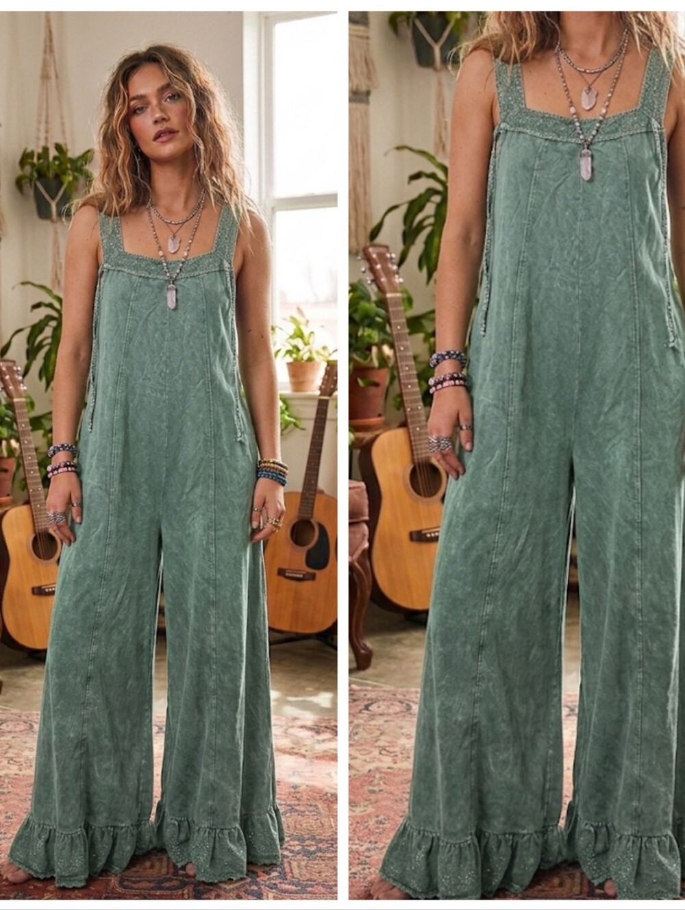 Boho Ruffle Eyelit -Hem Wide Leg Jumpsuit in Moss Green